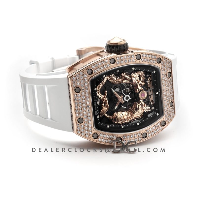 RM 051-01 Tourbillion Tiger and Dragon in Rose Gold with Diamond Bezel on White Rubber Strap