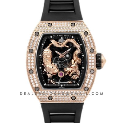 RM 051-01 Tourbillion Tiger and Dragon in Rose Gold with Diamond Bezel on Black Rubber Strap