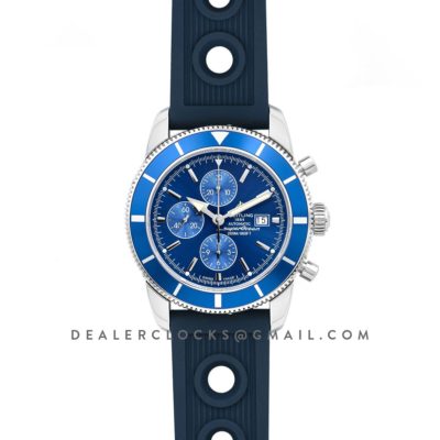Superocean Heritage II Chronograph 46 Blue Dial in Steel with Blue Bezel on Rubber Strap