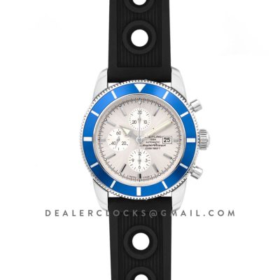 Superocean Heritage II Chronograph 46 Silver Dial in Steel with Blue Bezel on Rubber Strap
