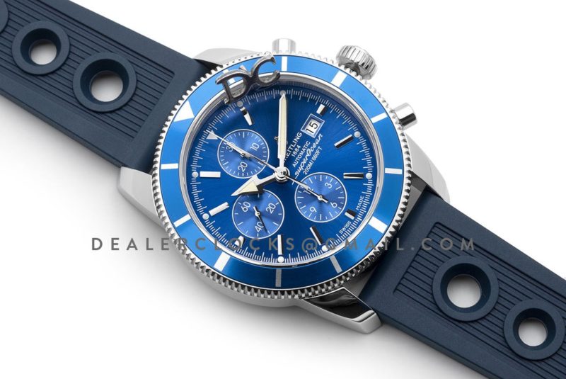Superocean Heritage II Chronograph 46 Blue Dial in Steel with Blue Bezel on Rubber Strap