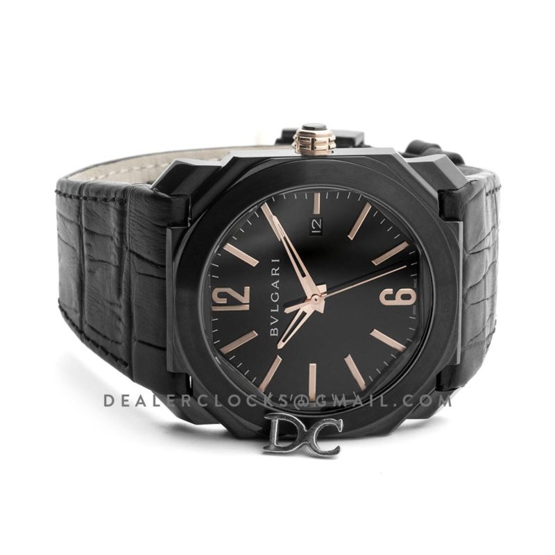 Octo Solotempo DLC Black Dial with Rose Gold Markers on Black Leather Strap