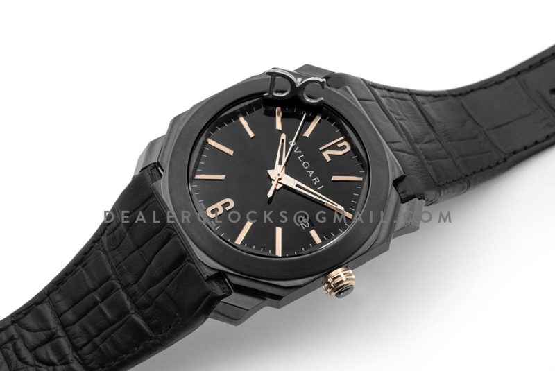 Octo Solotempo DLC Black Dial with Rose Gold Markers on Black Leather Strap