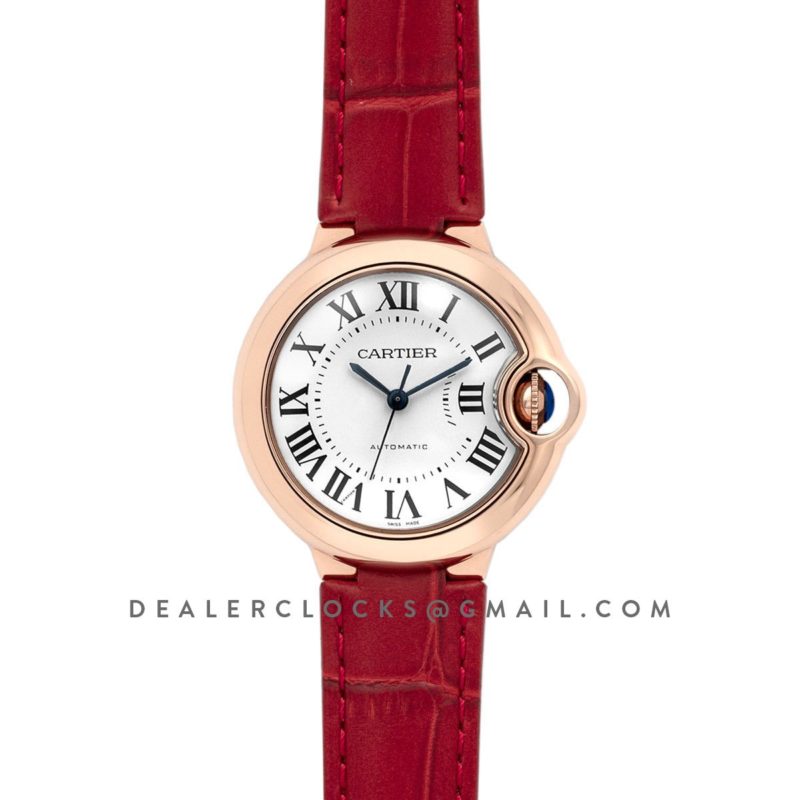 Ballon Bleu De Cartier 36mm White Dial in Pink Gold on Red Leather Strap