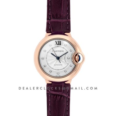 Ballon Bleu De Cartier 36mm White Dial with Diamond Markers in Pink Gold on Purple Leather Strap