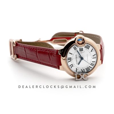 Ballon Bleu De Cartier 36mm White Dial in Pink Gold on Red Leather Strap