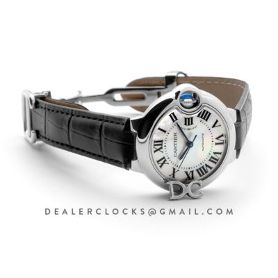 Ballon Bleu De Cartier 33mm White Mother Of Pearl Dial in Steel on Black Leather Strap