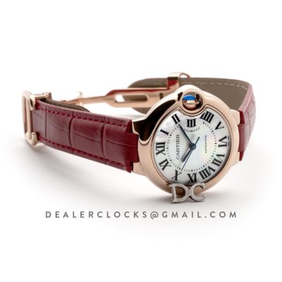 Ballon Bleu De Cartier 36mm White Dial with Roman Numeral Markers in Pink Gold on Red Leather Strap