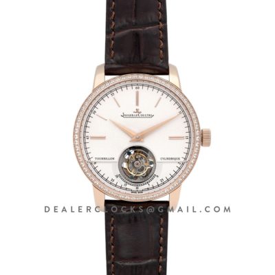 Master Grande Tradition Tourbillon Cylindrique with Diamond Bezel in Pink Gold on Brown Leather Strap