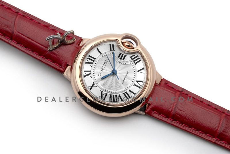 Ballon Bleu De Cartier 36mm Silver Dial in Pink Gold on Red Leather Strap