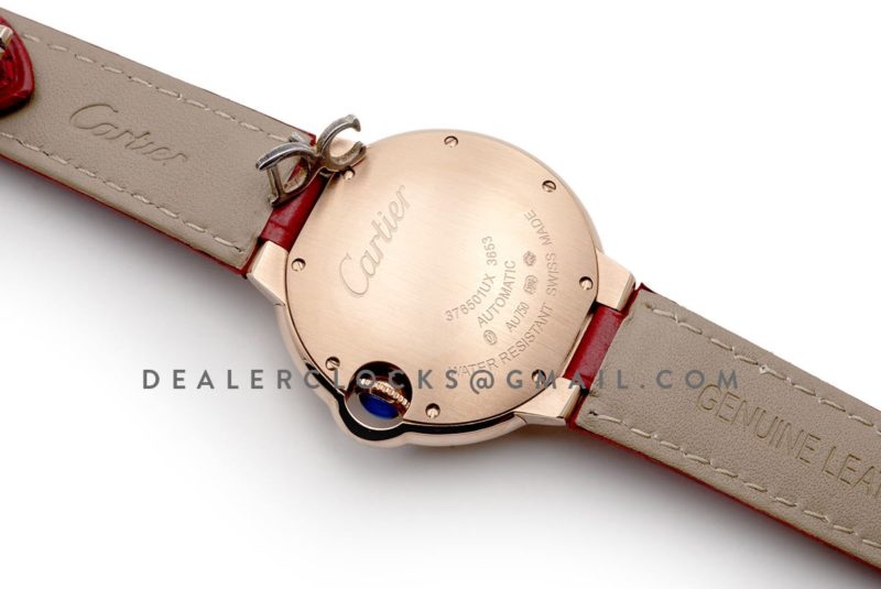 Ballon Bleu De Cartier 36mm White Dial with Roman Numeral Markers in Pink Gold on Red Leather Strap