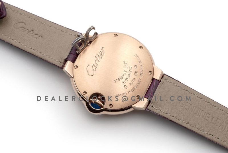 Ballon Bleu De Cartier 36mm White Dial with Diamond Markers in Pink Gold on Purple Leather Strap