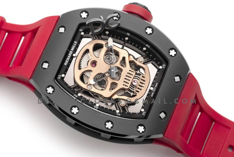 RM 052-01 Tourbillon Gold Skull in PVD on Red Rubber Strap