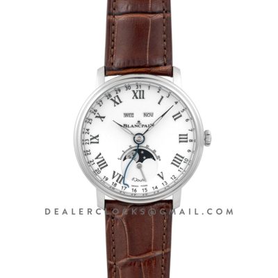 Villeret Quantieme Complet White Dial with Roman Numeral Markers in Steel