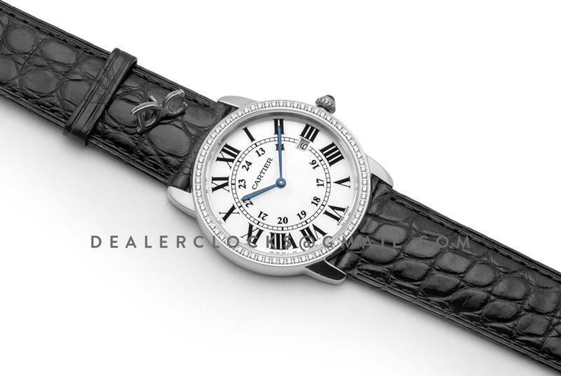 Ronde Louis Cartier Watch 36mm White Dial in White Gold on Black Alligator Leather Strap