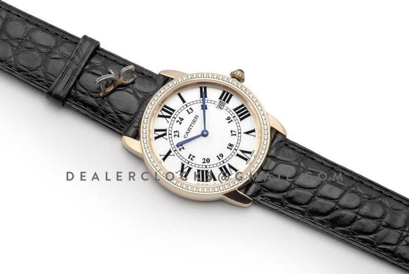 Ronde Louis Cartier Watch 36mm White Dial in Yellow Gold on Black Leather Strap