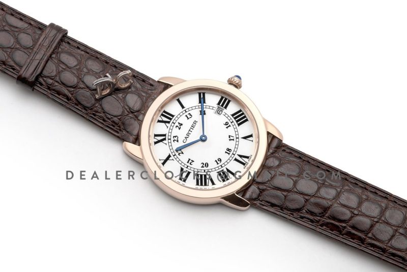 Ronde Solo de Cartier 36mm White Dial in Pink Gold on Brown Alligator Leather Strap