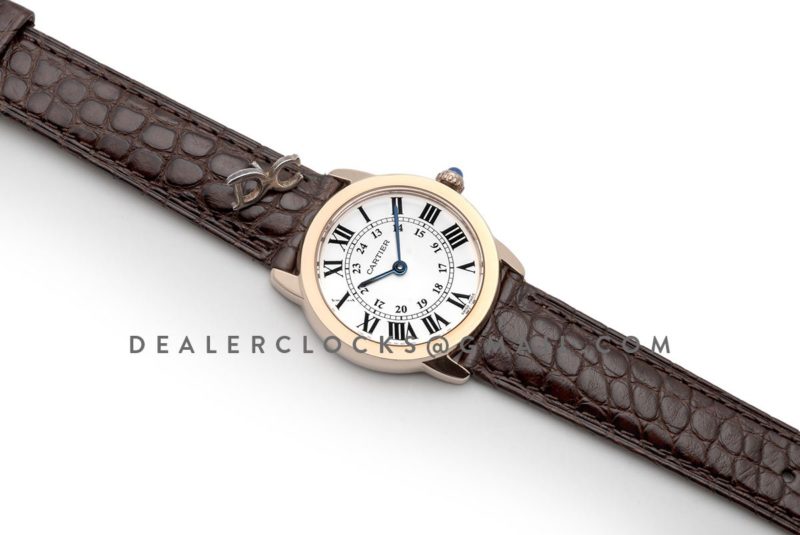 Ronde Solo de Cartier 29mm White Dial in Pink Gold on Brown Alligator Leather Strap