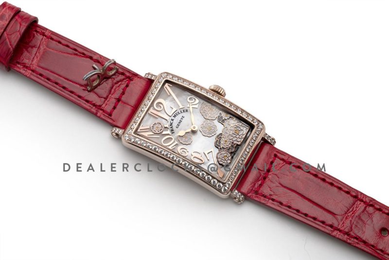 Long Island Peony in Rose Gold on Red Leather Strap