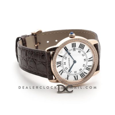 Ronde Louis Cartier Watch 36mm White Dial in Pink Gold on Brown Leather Strap