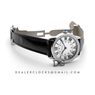 Ronde Louis Cartier Watch 29mm White Dial in White Gold on Black Leather Strap