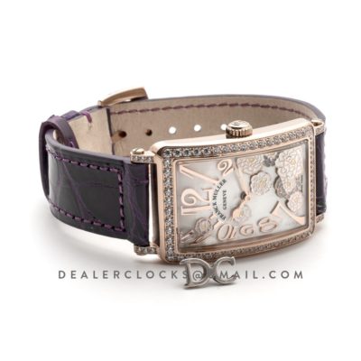 Long Island Peony in Rose Gold on Violet Leather Strap