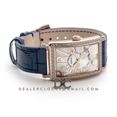 Long Island Peony in Rose Gold on Blue Leather Strap