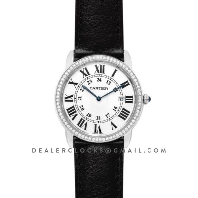 Ronde Louis Cartier Watch 36mm White Dial in White Gold on Black Leather Strap