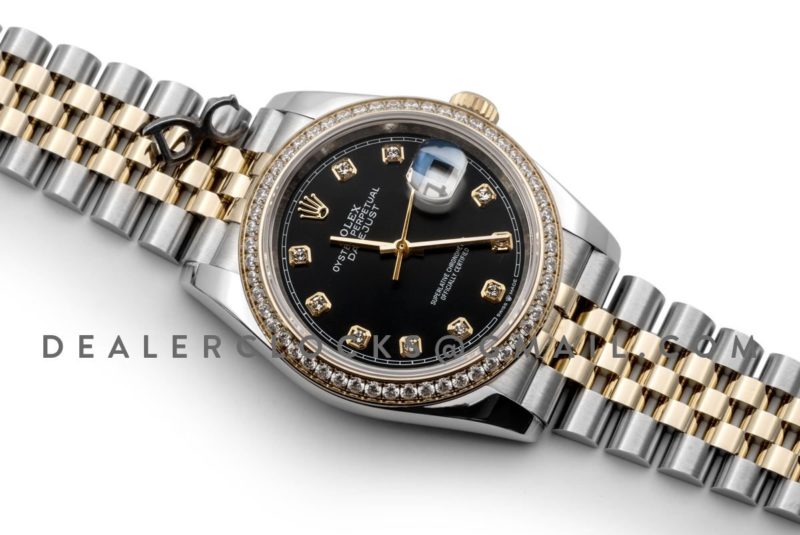 Datejust 36 126283RBR Black Dial in Yellow Gold and Steel with Diamond Set Bezel and Diamond Markers