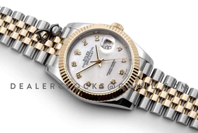 Datejust 36 126283RBR White MOP Dial in Yellow Gold and Steel with Diamond Markers