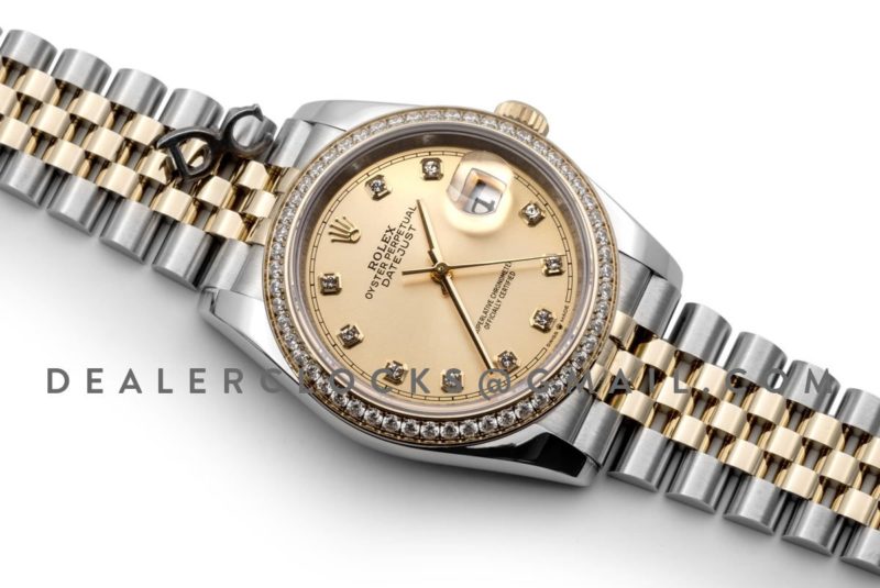 Datejust 36 126283RBR Champagne Dial in Yellow Gold and Steel with Diamond Set Bezel and Diamond Markers