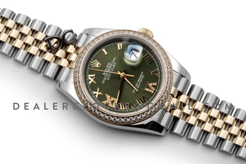 Datejust 36 126283RBR Olive Green Dial in Yellow Gold and Steel with Diamond Set Bezel and Diamond Roman Numerals Markers