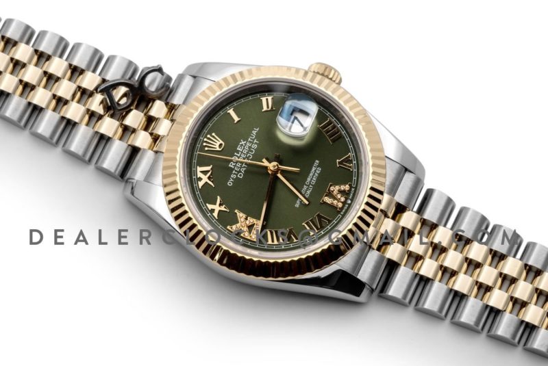 Datejust 36 126283RBR Olive Green Dial in Yellow Gold and Steel with Diamond Roman Numerals Markers