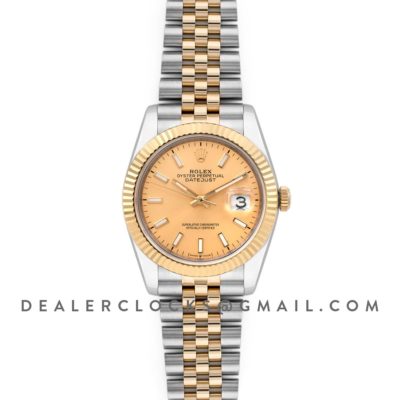Datejust 36 126283RBR Champagne Dial in Yellow Gold and Steel with Stick Markers
