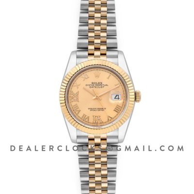 Datejust 36 126283RBR Champagne Dial in Yellow Gold and Steel with Diamond Roman Numerals Markers