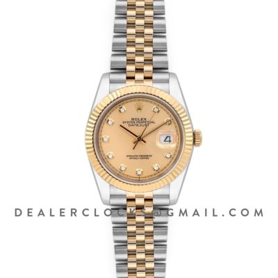 Datejust 36 126283RBR Champagne Dial in Yellow Gold and Steel with Diamond Markers
