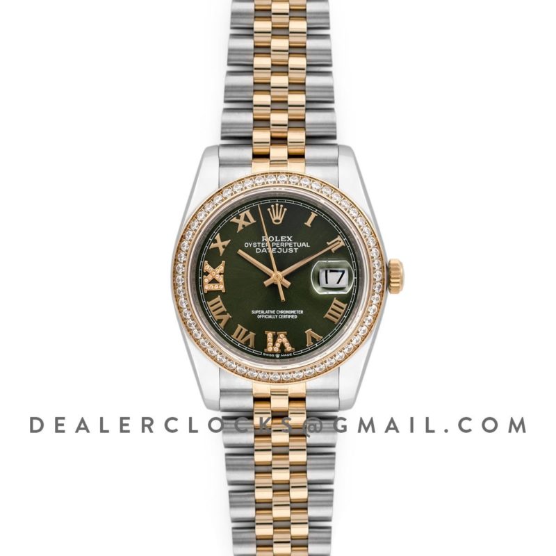 Datejust 36 126283RBR Olive Green Dial in Yellow Gold and Steel with Diamond Set Bezel and Diamond Roman Numerals Markers