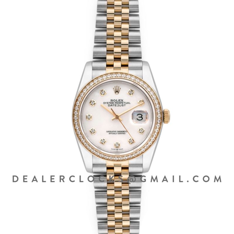 Datejust 36 126283RBR White MOP Dial in Yellow Gold and Steel with Diamond Set Bezel and Diamond Markers