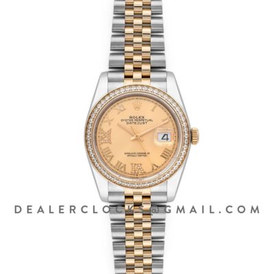 Datejust 36 126283RBR Champagne Dial in Yellow Gold and Steel with Diamond Set Bezel and Diamond Roman Numerals Markers