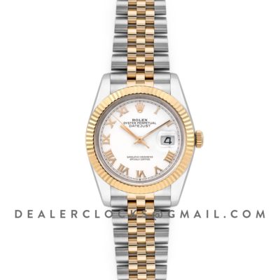 Datejust 36 126283RBR White Dial in Yellow Gold and Steel with Roman Numerals Markers