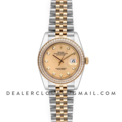 Datejust 36 126283RBR Champagne Dial in Yellow Gold and Steel with Diamond Set Bezel and Diamond Markers