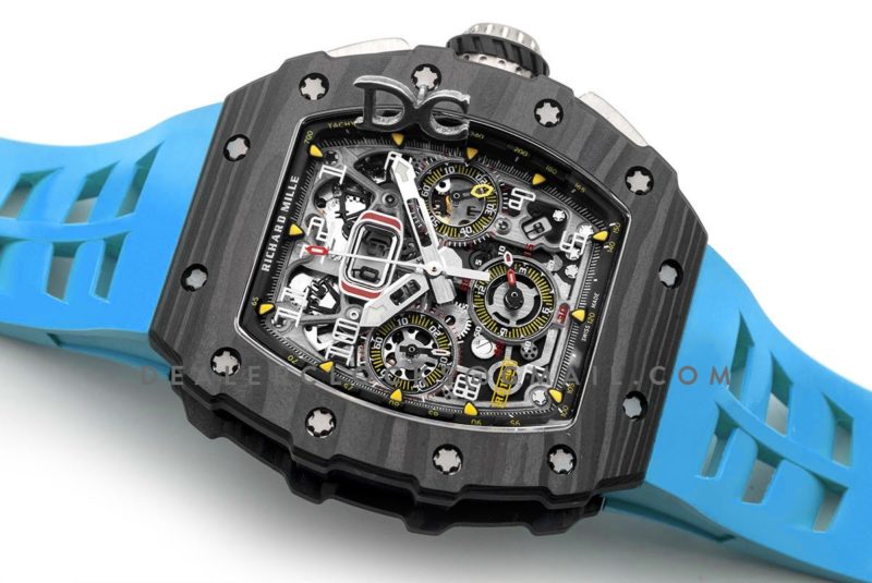 RM 011 Automatic Flyback Chronograph Carbon on Blue Rubber Strap