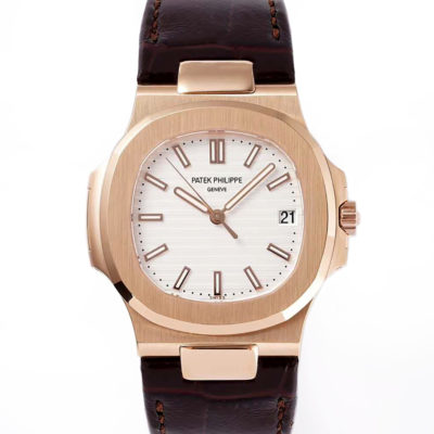 Nautilus Jumbo 5711 White Dial in Rose Gold with Brown Leather Strap