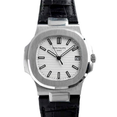 Nautilus Jumbo 5711 White Dial in Steel with Black Leather Strap
